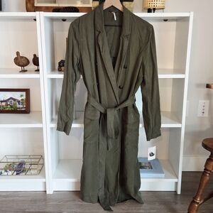 NWT Free People Olive Green Utility Trench Coat Belted Midi Jacket Size Small